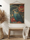 Elegant Victorian-style bird wall tapestry featuring detailed blue songbird surrounded by vintage coral peonies and classical botanical foliage in ornate vintage illustration style, measuring 26 inches wide by 36 inches long, made from silky polyester fabric with advanced 3D printing technology that mimics embroidery texture, complete with beautiful stained wooden frame and natural twine hanging system for easy wall mounting, perfect for vintage-inspired living rooms, bedrooms, or classic home decor